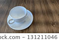 An Empty White Coffee Cup Placed on a Rustic Wooden Table with a Cozy and Aesthetic Vibe 131211046