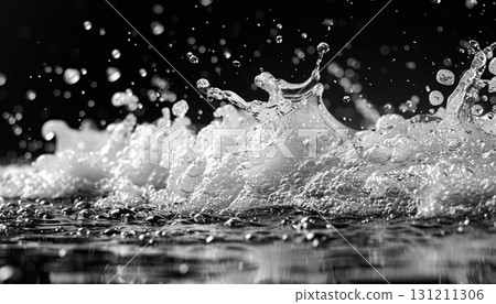 A blackandwhite photo of a wave crashing on a beach 131211306
