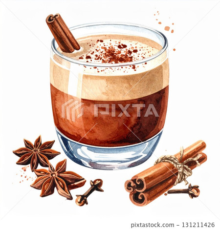 Watercolor Illustration of Mulled Wine with Cinnamon Stick and Star Anise Isolated on White Background Watercolor Illustration of Mulled Wine with Cinnamon Stick and Star Anise Isolated on White Background 131211426