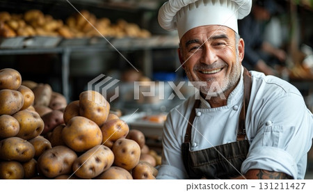 Happy chef holding pile of potatoes, a staple ingredient in natural, local foods 131211427