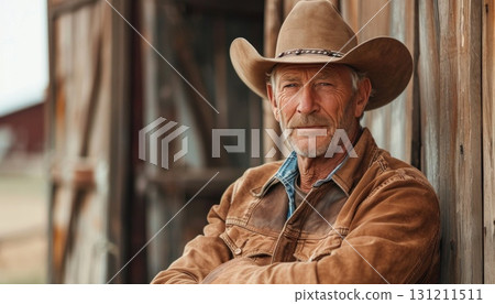 A man in a cowboy hat rests against a wooden building 131211511