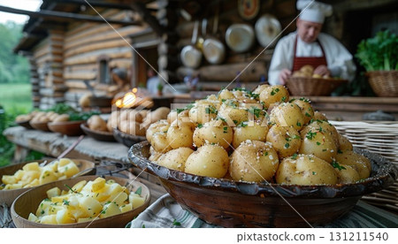 A bowl of potatoes sits on a table, with a chef in the background A bowl of potatoes sits on a table, with a chef in the background 131211540