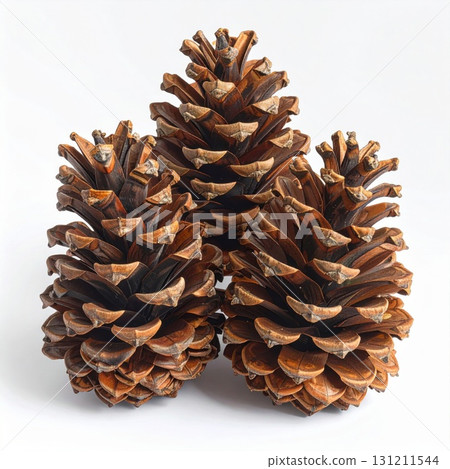 Three Brown Pine Cones Arranged on a Seamless White Background with Soft Natural Lighting 131211544
