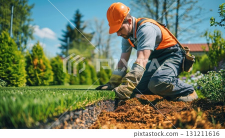 Man kneeling in garden planting seeds under the sky with grass and trees 131211616