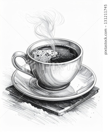 Monochrome Hot Coffee Cup with Steam on Saucer and Wooden Coaster Detailed Illustration 131211745