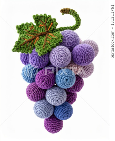 Crocheted Bunch of Grapes with Purple and Blue Yarn with Green Knitted Leaves on White Background Detailed Crocheted Bunch of Grapes with Purple and Blue Yarn with Green Knitted Leaves on White Background Detailed 131211761