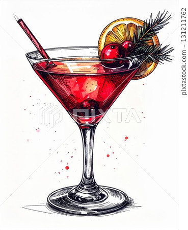 Vibrant Red Cocktail in Martini Glass with Orange Slice and Berries on White Background 131211762