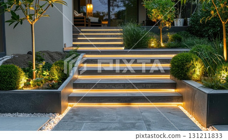 Wooden stairs with lights lead up to a house, surrounded by a grass landscape Wooden stairs with lights lead up to a house, surrounded by a grass landscape 131211833