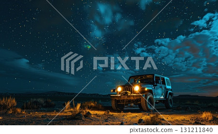 A jeep is parked in the desert under a starry night sky 131211840