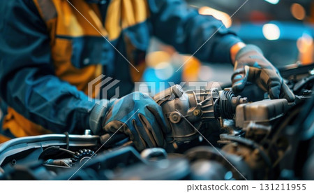 A man in Personal protective equipment works on a car engine in a garage 131211955