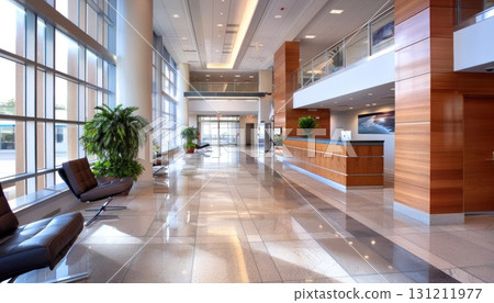 Modern lobby with large windows, ample seating, and stylish interior design 131211977