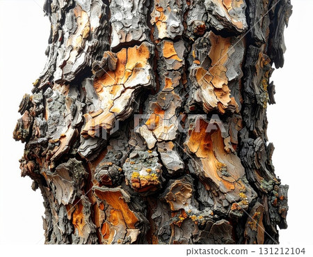 Close Up of Textured Tree Trunk Bark with Orannge Tones on a White Background Close Up of Textured Tree Trunk Bark with Orannge Tones on a White Background 131212104