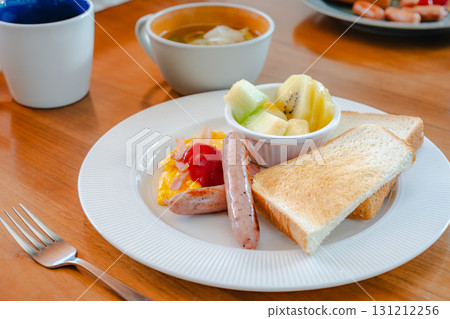Western breakfast of toast and eggs 131212256