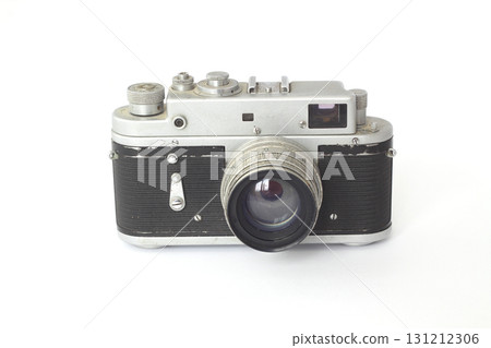 Vintage analog camera with isolated white background. old technology products for photography 131212306