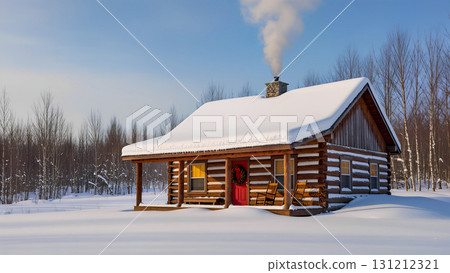A cozy wooden hut in a snowy forest 131212321