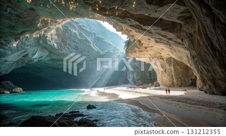 Sunlight streams into a vast cave illuminating a sandy beach and turquoise ocean with people enjoying the scenery 131212355