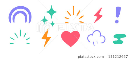 Colorful doodle symbols including rainbow, sparkles, lightning, heart, cloud, exclamation mark and 131212637