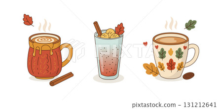 Hot drink mug autumn coffee chocolate latte. Cocoa drink autumn hot mug tea vector cozy illustration 131212641