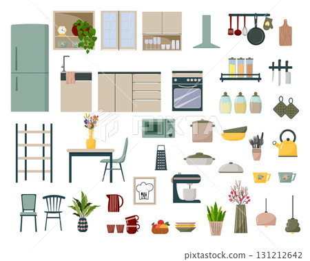 Kitchen furniture collection. Household items for kitchen use. Kitchen sets, dishes, appliances. Flowers, flower vases. Contemporary interior. Kitchen furniture collection. Household items for kitchen use. Kitchen sets, dishes, appliances. Flowers, flower vases. Contemporary interior. 131212642
