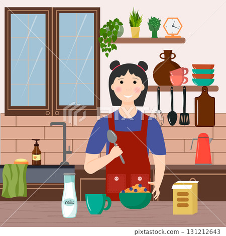 A teenage girl prepares breakfast in the kitchen. Early morning. Kitchen interior with dishes and cabinets. A box of muesli and a bottle of milk. A green cup with a drink. A healthy meal of cereal and 131212643