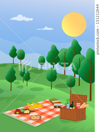 A picnic in nature. A blanket lies on the green grass. A basket with food and drinks. A day out of town, a family day out. A trip to the forest and park on a summer day. A picnic in nature. A blanket lies on the green grass. A basket with food and drinks. A day out of town, a family day out. A trip to the forest and park on a summer day. 131212644