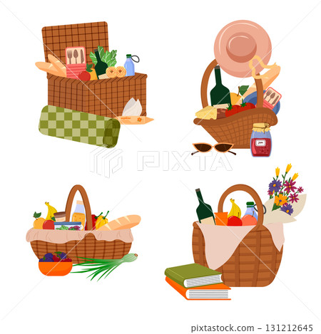 A set of illustrations featuring various picnic baskets. Food and drinks for outdoor recreation. A bouquet of flowers, water and fruit, a baguette and cheese. Summer outdoor recreation. Illustration A set of illustrations featuring various picnic baskets. Food and drinks for outdoor recreation. A bouquet of flowers, water and fruit, a baguette and cheese. Summer outdoor recreation. Illustration 131212645