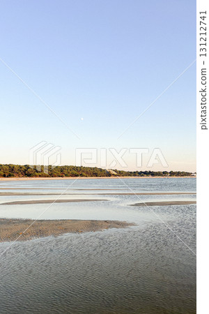Serene beach at Plage Peirere in Arcachon with beautiful forest backdrop Serene beach at Plage Peirere in Arcachon with beautiful forest backdrop 131212741