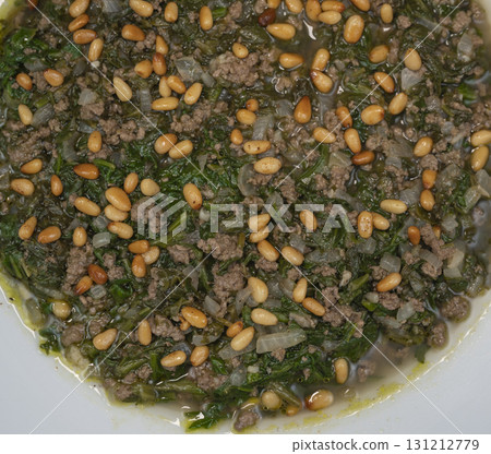 Spinach or Sabanekh with chicken a Mediterranean dish served with rice 131212779