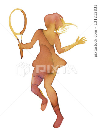 Dynamic silhouette of a tennis player captured in vibrant watercolor and ink strokes 131212833