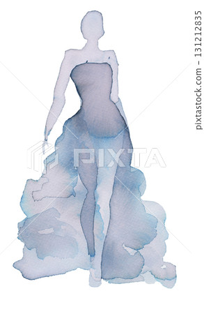 Elegant watercolor fashion design features flowing gown with ethereal silhouette 131212835