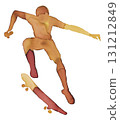 Skateboarder performing an aerial maneuver in warm watercolor shades during a sunny afternoon 131212849