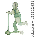Young child enjoying a scooter ride in a watercolor and ink artwork 131212851