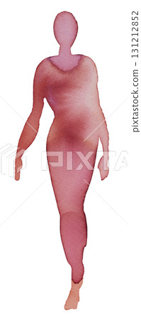Elegant watercolor figure walking gracefully with flowing movements in soft hues of pink and red 131212852