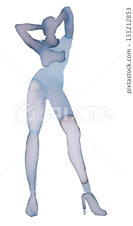 Elegant figure in watercolor and ink poised in a striking pose with high heels 131212853