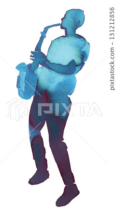 Jazz musician performing with saxophone at a vibrant sunset in an urban setting 131212856