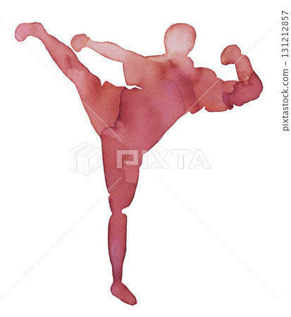 Dynamic silhouette of a martial artist executing a high kick in vibrant watercolor style Dynamic silhouette of a martial artist executing a high kick in vibrant watercolor style 131212857
