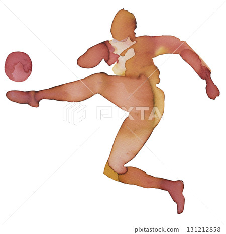 Dynamic figure in motion kicking a ball, showcasing fluidity in watercolor and ink style Dynamic figure in motion kicking a ball, showcasing fluidity in watercolor and ink style 131212858