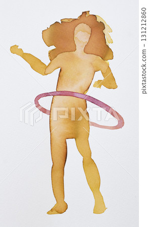 Colorful silhouette of a person hula hooping with flowing hair in a vibrant watercolor design Colorful silhouette of a person hula hooping with flowing hair in a vibrant watercolor design 131212860