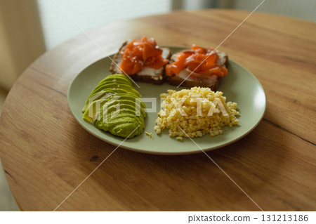 Healthy breakfast plate with salmon sandwiches, avocado, and scrambled eggs Healthy breakfast plate with salmon sandwiches, avocado, and scrambled eggs 131213186