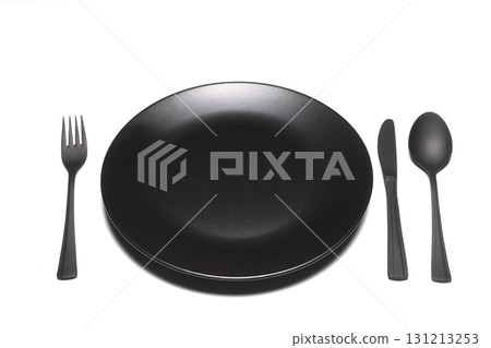 Empty black slate plate on white background. Food background for menu, recipe. Table setting. Flatlay, top view 131213253