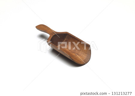 Top view of empty wooden scoop isolated on a white background. Top view of empty wooden scoop isolated on a white background. 131213277