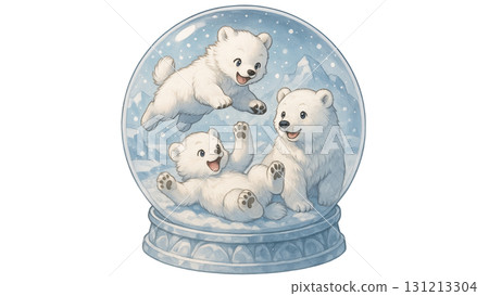 Polar bear family playing in a snow globe 131213304