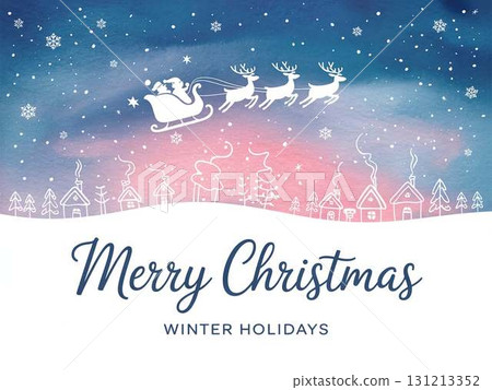 聖誕老人在夜空中奔跑的水彩畫和夢幻般的城市景觀 131213352