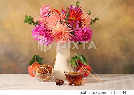 Autumn banner with a beautiful bouquet of dahlias in a vase, honey, apples, pomegranates, cinnamon and star anise on an elegant background, autumn greeting and thanksgiving concept, Autumn banner with a beautiful bouquet of dahlias in a vase, honey, apples, pomegranates, cinnamon and star anise on an elegant background, autumn greeting and thanksgiving concept, 131213403