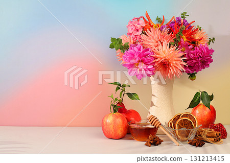 Autumn greeting and Thanksgiving concept, Autumn banner with a beautiful bouquet of dahlias in a vase, honey, apples, pomegranates, cinnamon and star anise on a sunny background, Autumn greeting and Thanksgiving concept, Autumn banner with a beautiful bouquet of dahlias in a vase, honey, apples, pomegranates, cinnamon and star anise on a sunny background, 131213415
