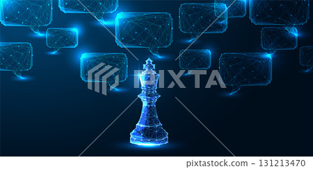 AI strategy and decision-making concept with polygonal king chess piece and glowing speech bubbles 131213470
