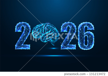 2026 with glowing brain symbol in digital low poly style vector illustration for AI and innovation 131213472