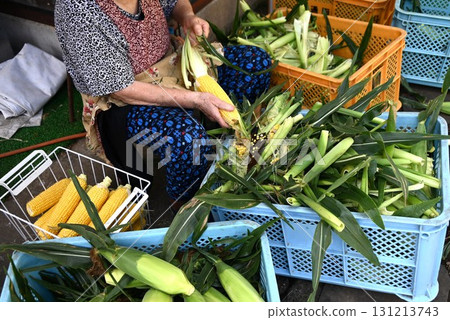 Corn husking by hand and preparation for food sales Corn husking by hand and preparation for food sales 131213743