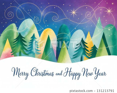 帶有水彩山丘、聖誕樹和夜空的聖誕卡 131213791