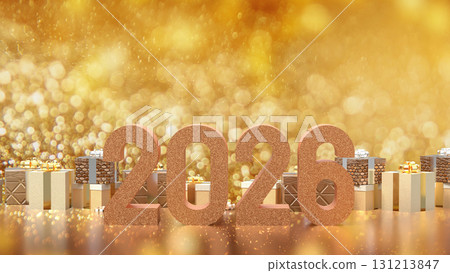 The Gold Gift box  and 2026 for Holiday or celebration concept 3d Rendering. 131213847